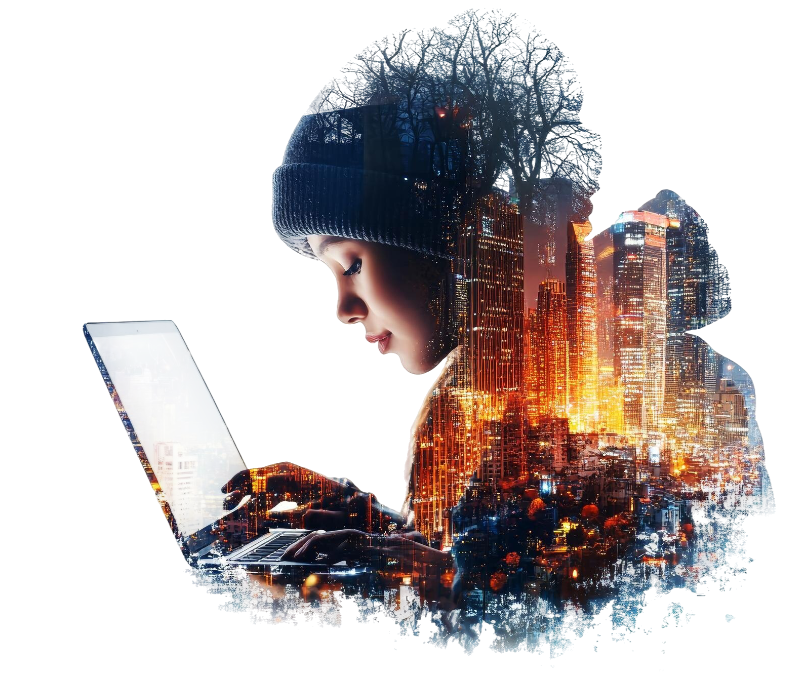 business-professionals-engage-with-digital-technology-while-exploring-city-life-through-innovative-double-exposure-effects